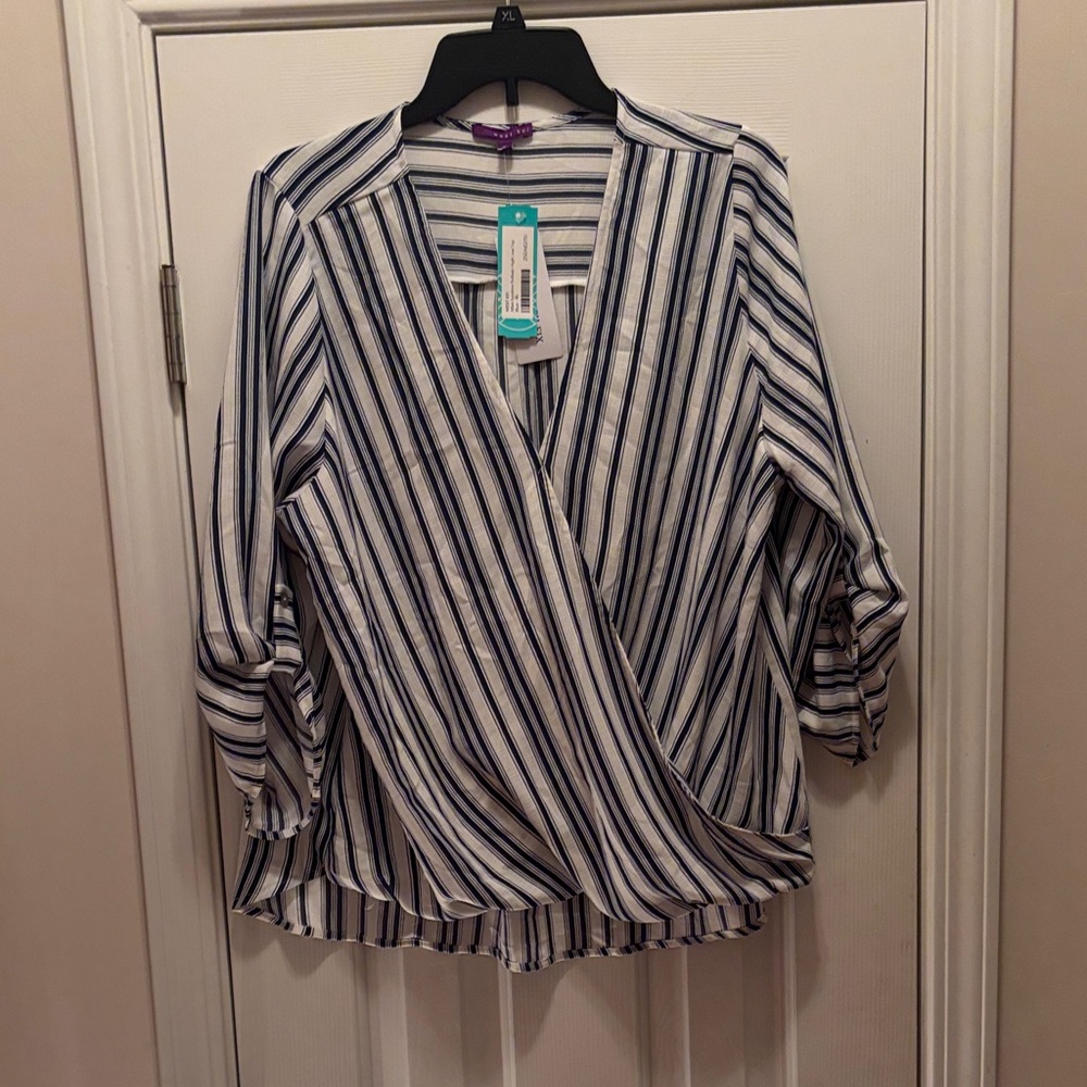 NWT West Kei Navy and White Striped Wrap Blouse